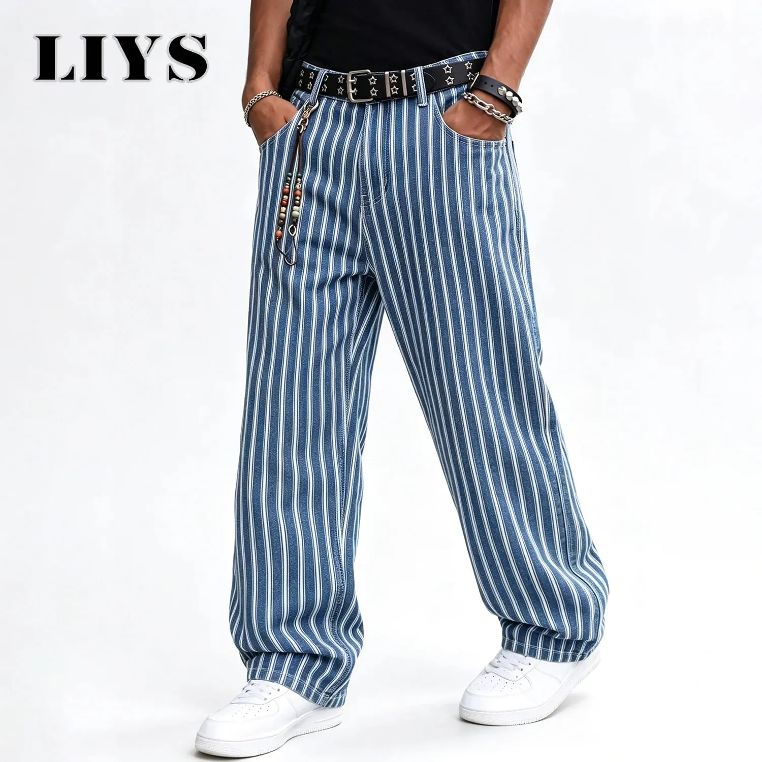 Men's Blue White Striped Jacquard Straight Leg Jeans Baggy Casual Pants Suitable for Work and Leisure Without Elasticity