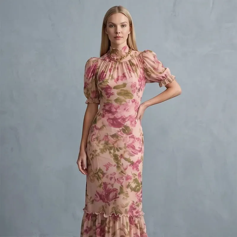 Women Chic Pink Floral Print Maxi Vestido Elegant V Neck Ruffle Trim Flare Sleeve Ruched High Chiffon Dress 2026 Party Outfit