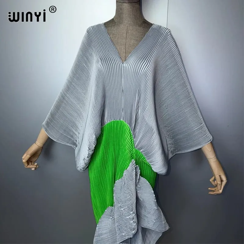 New Pleated Slim High-Fork Dress for Women Fashion Beach Cover-Up Muslim Kaftan Abaya Dubai Luxury Long Evening Gown
