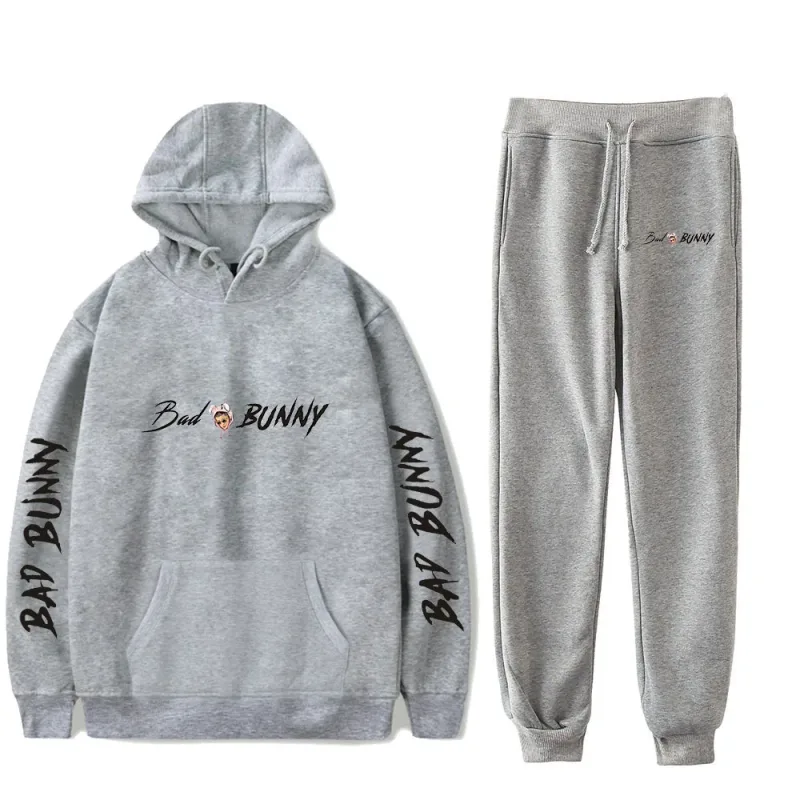 Harajuku Comfortable Funny bad bunny Print Sweatshirt Sweatpants Suit Men/Women Hoodies+ Trousers Suit Cute 2 Piece Set Clothes