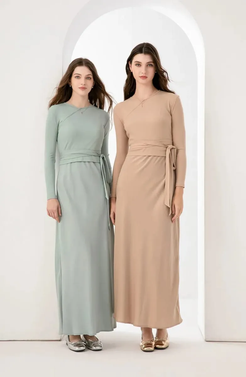 AS 2024 abbigliamento donna top avvolgenti chiusi a costine elasticizzati + abito in raso opaco Maxi set coordinati (spedizione in 1 giorno)