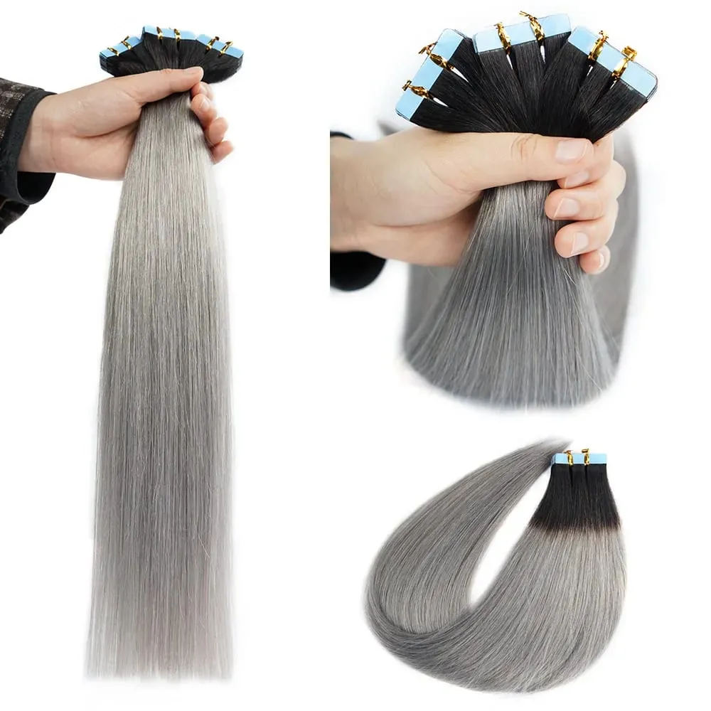 Doreen Châu Âu 100% Tóc Thật Của Con Người Băng Trong Phần Mở Rộng 16 Đến 24 50G 2.5G/cáiOmbre Đen Bạc xám Tóc PU Liền Mạch Băng Ins