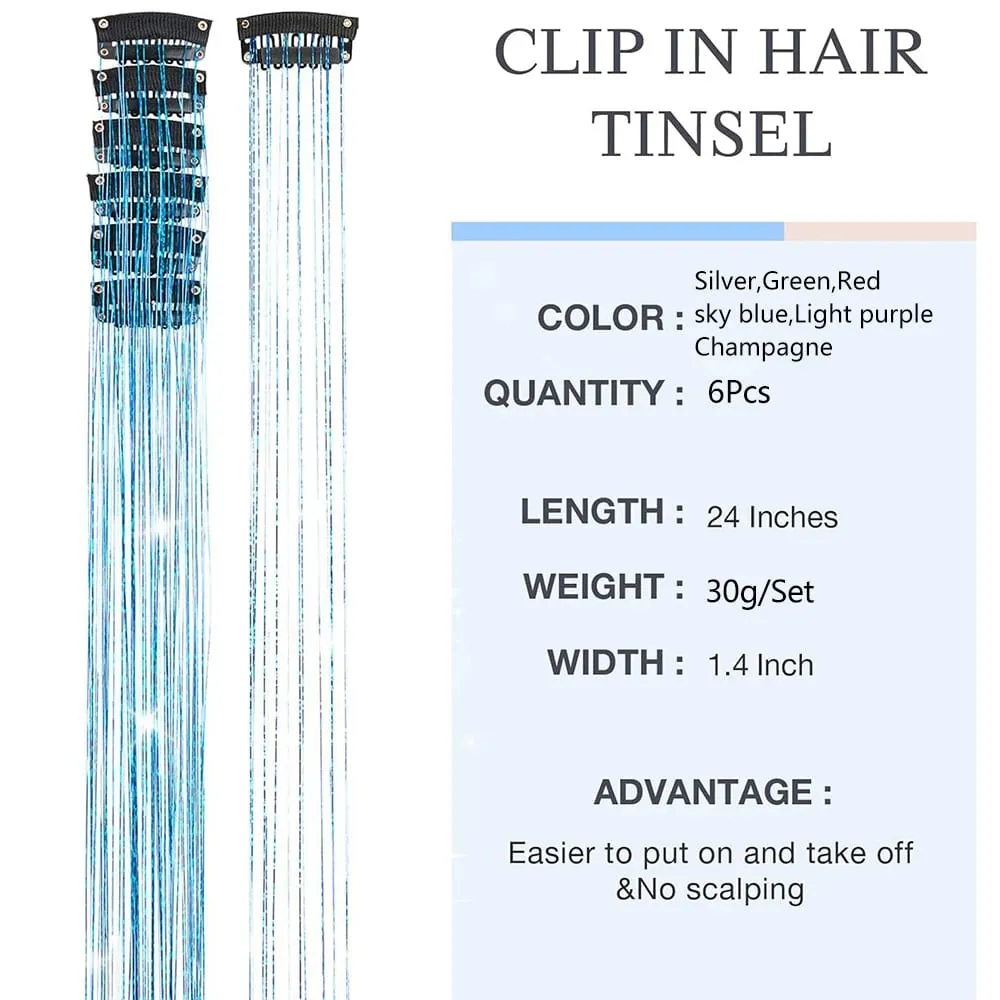 Hair Tinsel Pack of 6 Pcs Hair Tinsel Clip in Glitter Tinsel Hair Extensions Synthetic Hair Tinsel Kit Party Festival Fairy Hair