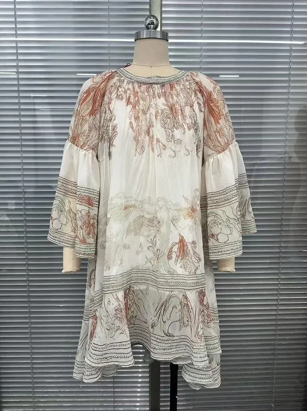 Spring Summer Women Flare Sleeve Floral Print Asymmetric Hem Dress Dresses Retro Ruffle Gown