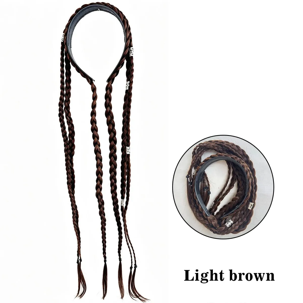 Synthetic Braided Headband Wig Braids Hairband With Decorative Silver Rings Long Box Braid Headband Hairpieces For Women Daily