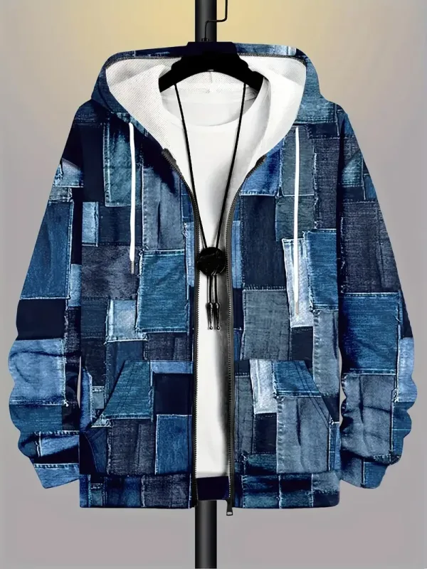 Retro Plaid Print Patchwork Zip Up Hoodie Men's Clothing Hot Style Long Sleeve Pullover Trend Streetwear Men Zip Up Hoodies