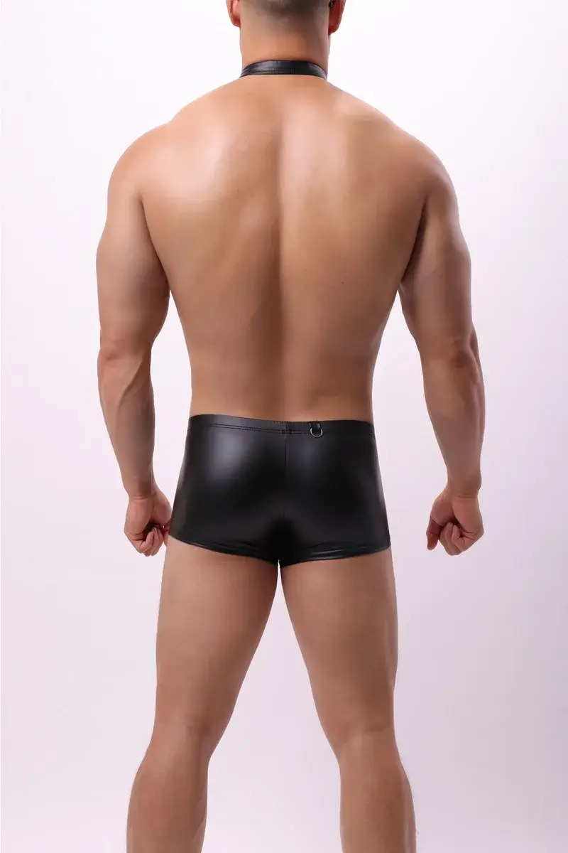 Erkek iç çamaşırı siyah suni deri boksörler şort gece kulübü halka iç çamaşırı erkek külotu U dışbükey kese külot Cueca Calzoncillo