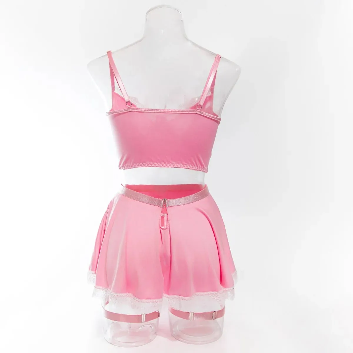 4Pcs/set Sexy Pink Lingerie Maid Underwear Lace Push Up Bra And Thongs Bandage Mini Dress For Women Role Play Outfits Sleepwear