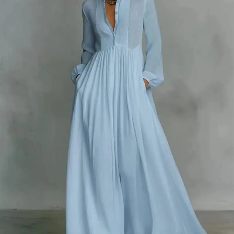Women's Elegant Single Breasted Long Dress 2026 French High Waist Solid Pockets Pleated Maxi Evening Dress