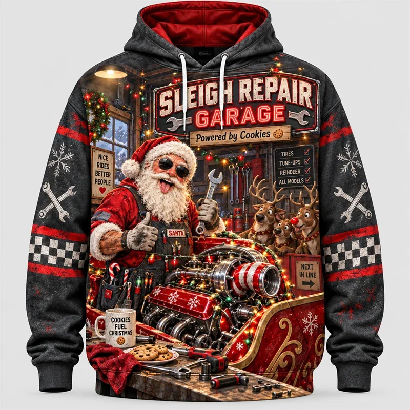 Funny Santa Christmas Hoodie 3D Print Karaoke Sleigh Repair Laundry Snack Holiday Party Pullover Winter Streetwear Gift