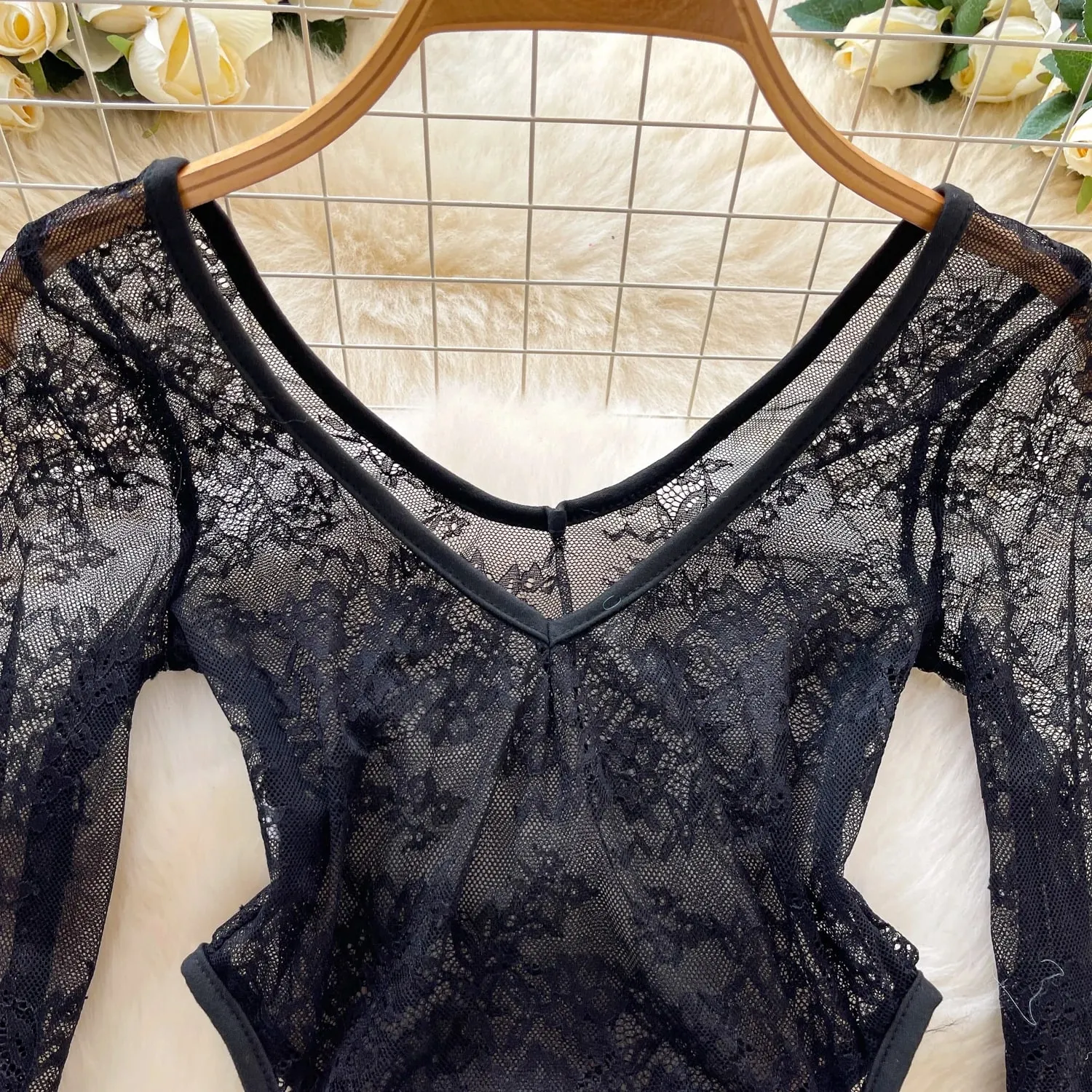 sexy sleeveless lace flare sleeve see through Vintage Straps Bodysuits Jumpsuits Top Hotsweet Clothing