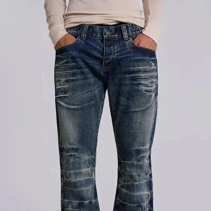 Y2K Mid Blue Flared Jeans Washed Men Women Bootcut Jeans Gothic High Street Unisex Streetwear Baggy wide leg Pants
