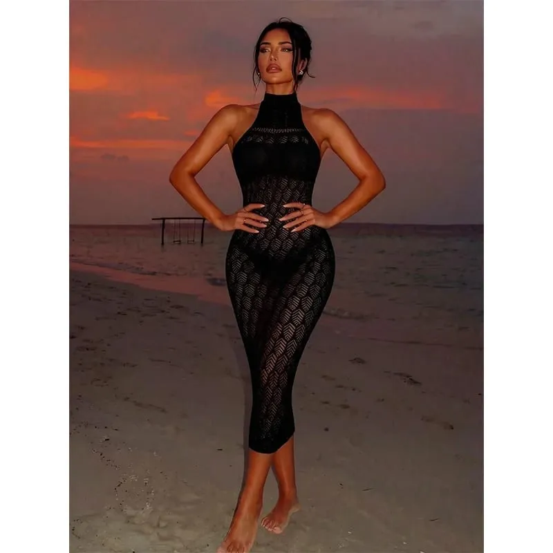 Women Bodycon Dress Without Underwear Hollow Out Beachwear Sheer Mesh Fishnet See Through Music festival Swimsuit