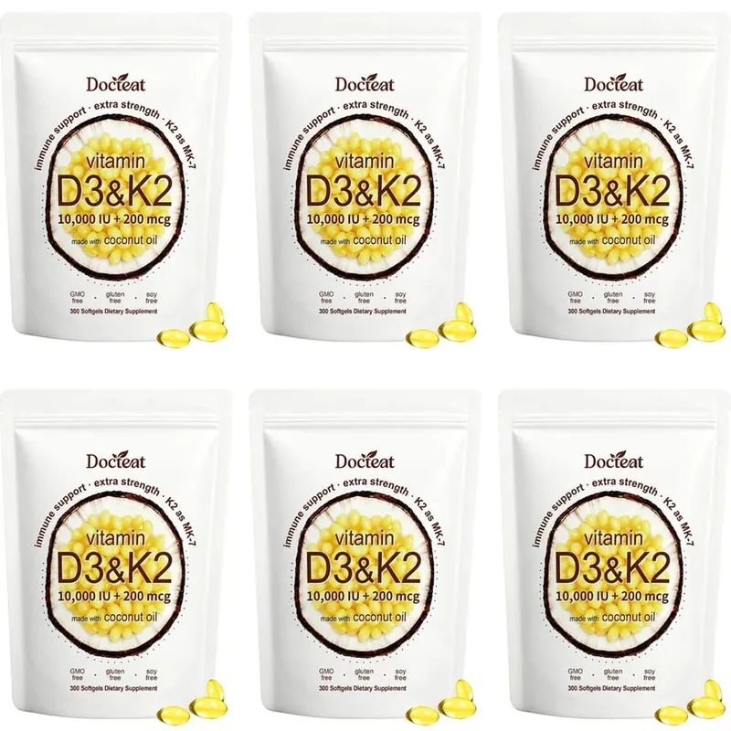 Docteat Vitamin D3 & K2 Softgels with Immune Support and Bone Health Coconut Oil GMO Free Gluten Free Soy Free 300 Softgels