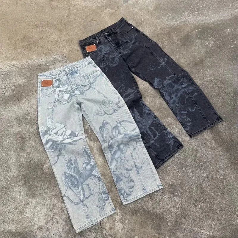 Y2k American Hip Hop Streetwear Angel Baggy Jeans Retro High Street Cupids Arrow Men Women Pants Unisex Casual Straight Jeans