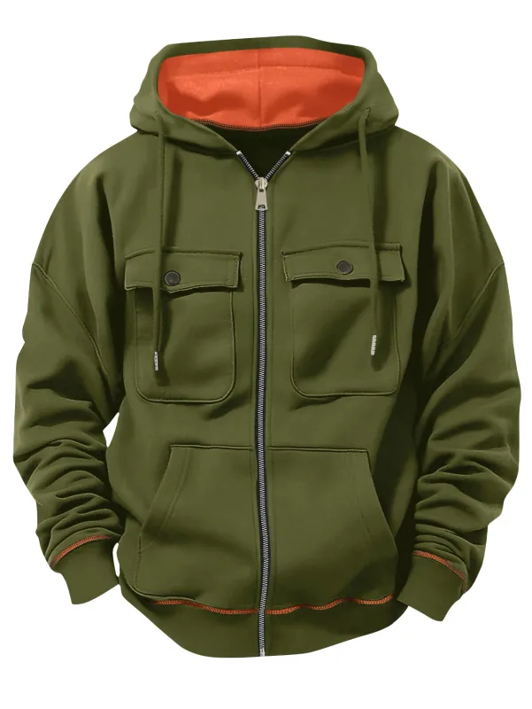 Spring Autumn New Men's Multi Pocket Hoodie with Velvet Casual Zipper Hoodie Fashion Sports Street Top Jacket for Men