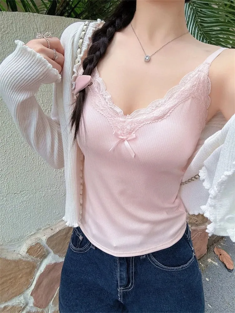 Spaghetti Strap Camis 2026 Summer Lace Ribbed Women Tank Top With Built In Bra Pads Slim Fit Crop Top For Inner & Outer Wear