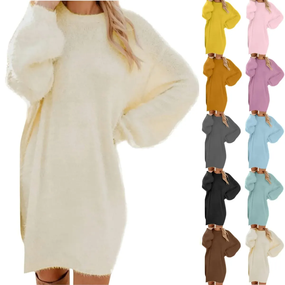Damski sweter zimowy dzianinowy okrągły dekolt ciepły, długi rękaw O-Neck Casual bluzy sukienka jednolity kolor ponadgabarytowy podstawowy materiał damski