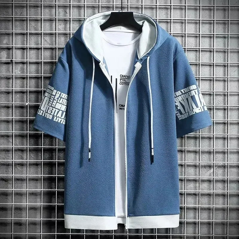 Fashion Men's Hoodies Summer Men Clothing T-shirt Zipper Hood Cartoon Casual T Shirt Print Hooded Top Short Sleeve Men