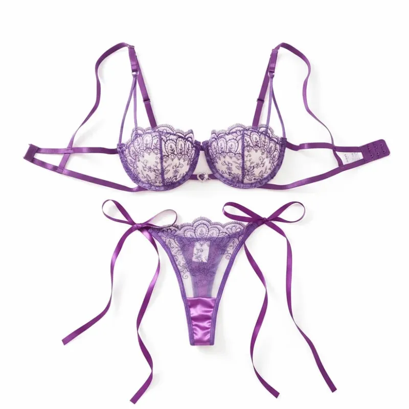 Elegant Floral Embroidery Lace Lingerie Set Lace-up Hollowed-out Thong Bra Suit Mesh Transparent Ultra-thin Underwear Sets Lady