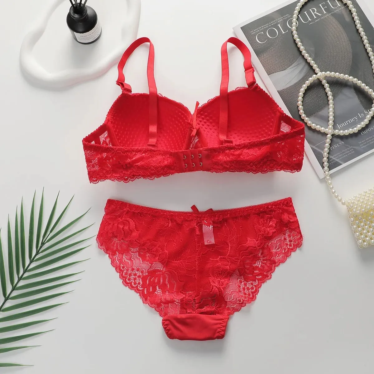 Women Elegant Floral Lace Bra And Panty Set Push‑Up Underwire Brassiere Bow Decor Ladies Lingerie Set