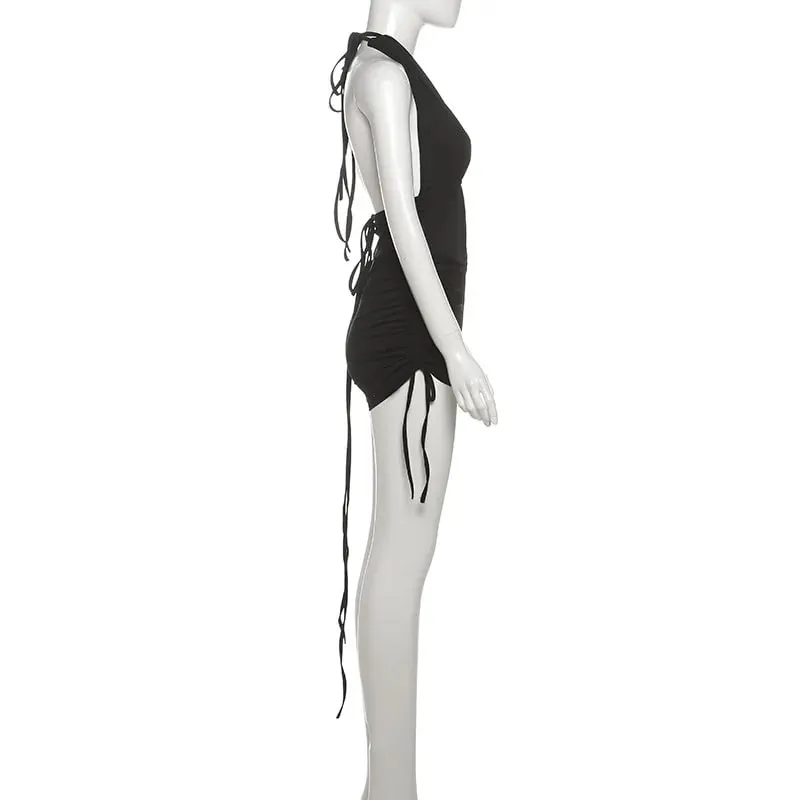 SylCue Sexy Fashion Bodysuit Woman Halter Open Collar Cleavage Sleeveless Shirring Skinny Stretch High Street Style Folds Tops