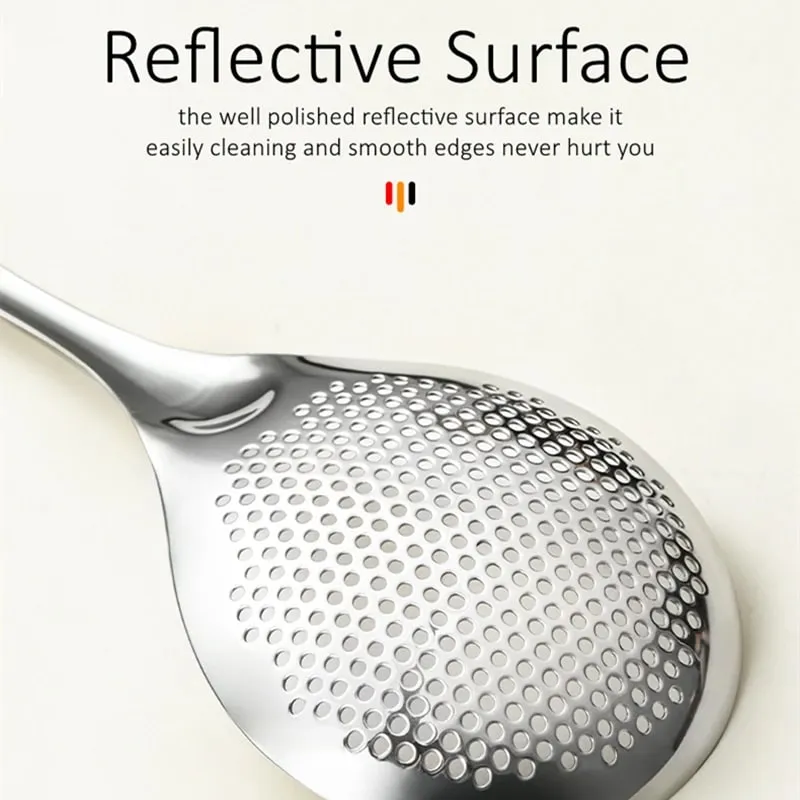 LFGB Certified Pure 304 Stainless Steel Kitchen Cooking Colander Ultra Thick 33cm Handle 12.5cm Head Sieve for Potato Frying
