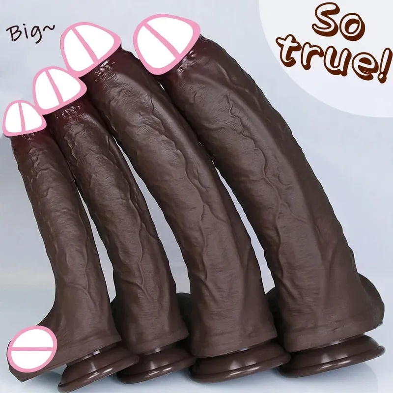 Realistiska 4 storlekar Mjuk Stor dildo Dubbel silikonsugkopp Penis Par Onani Mjuk kuk Kvinna Man Anal Vuxen Sexleksak — image 4