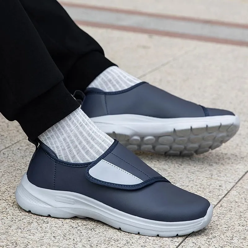 Tênis ortopédico masculino de couro para diabéticos, gancho ajustável e laço, sapatos abertos para pés inchados, sapatos confortáveis ​​para caminhada