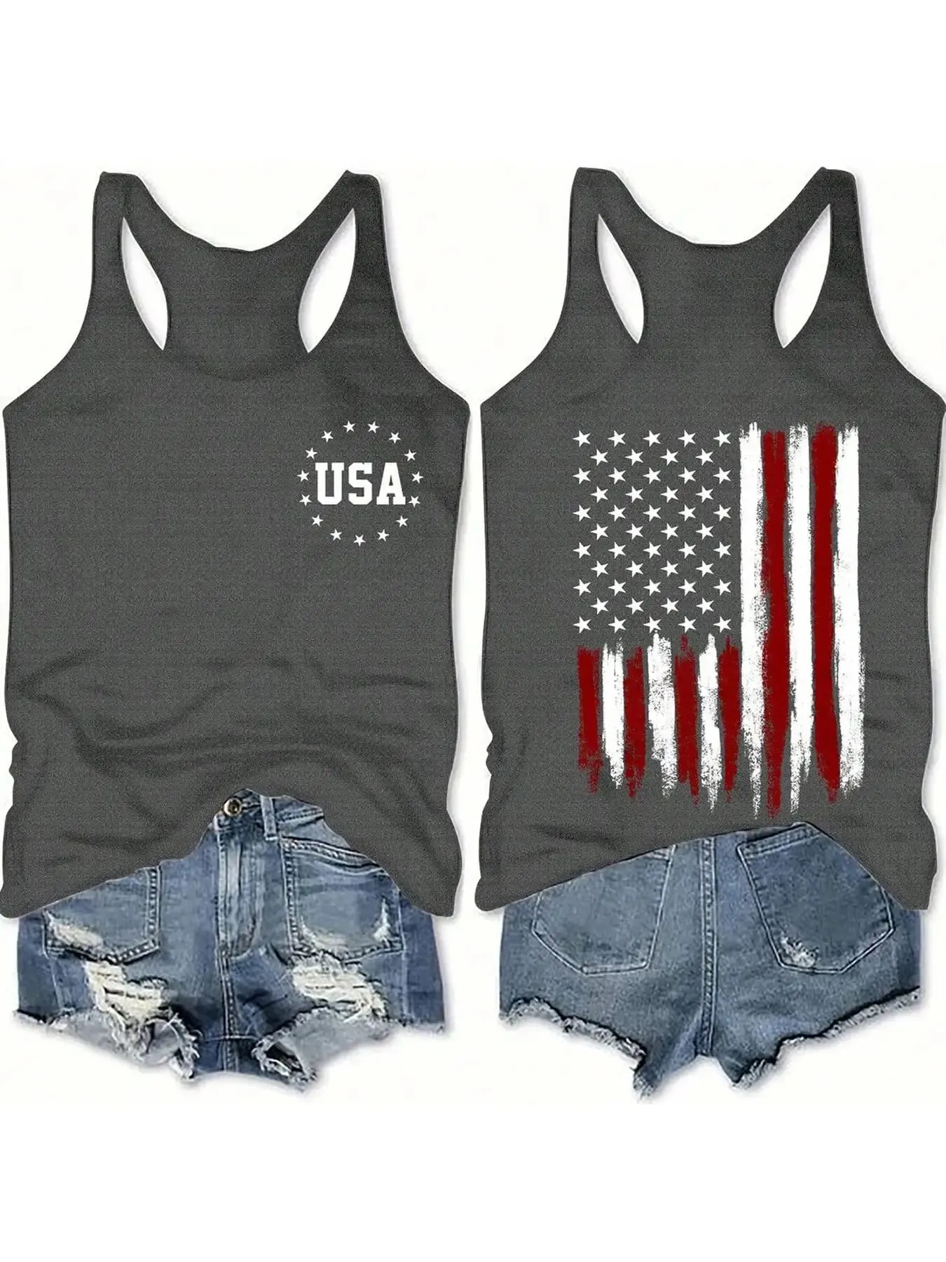 Ladies' Summer Casual Sleeveless Vest American Flag Double-Sided Printed I-Back Top Trendy Popular Style