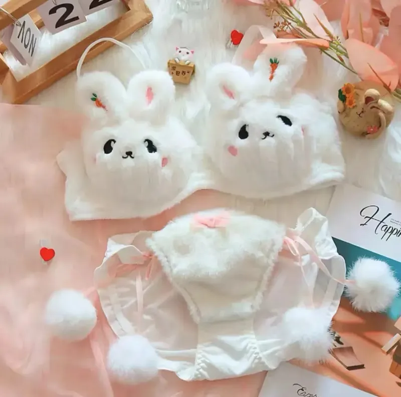 Cute Cat Paw Plush Lingerie Set for Women Warm Winter Bra & Panty with Ears Comfortable Kawaii Underwear