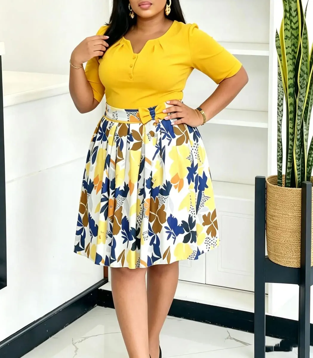 2026 AUTUMN NEW WOMEN SHORT SLEEVE PRINTED COLOR‑BLOCK SPLICING BIG SWING DRESS