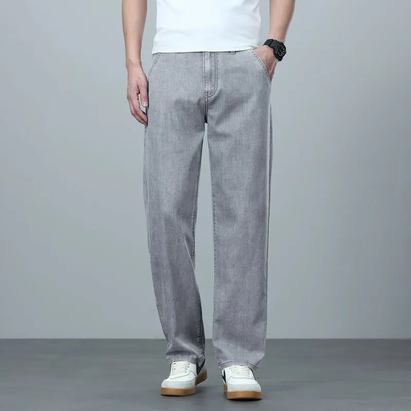 High Quality Spring Summer Lyocell Men's Jeans Loose Straight Wide Leg Casual With Slant Pockets Trousers Male Plus Size 40