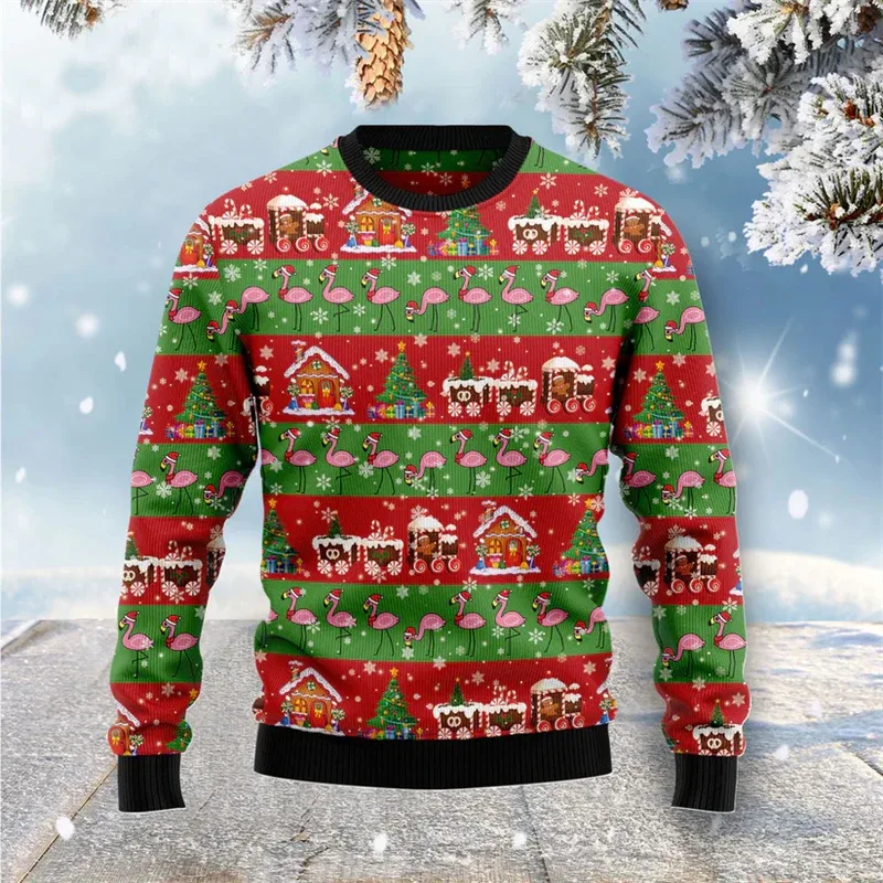 Funny Flamingo Graphic Ugly Christmas Sweater Autumn Holiday Wear 3D Printed Sweatshirt Loose Streetwear Pullovers Mens Clothing