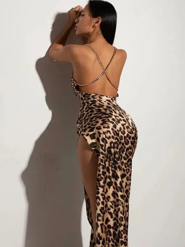 Leopardtryck Kvinnor Kedjerem Sida Slit Maxiklänning Rygglös Bodycon Sexig Streetwear Festival 2024 Kväll Elegant