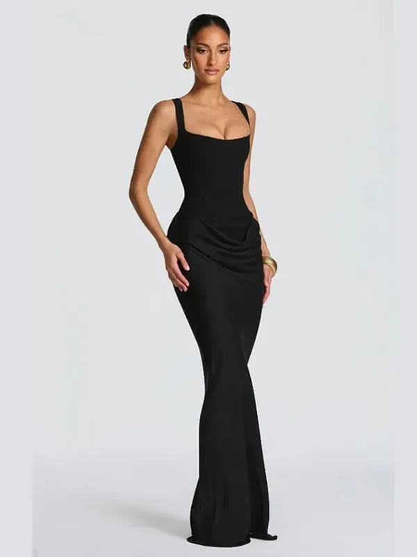 Women Pleated Sleeveless Maxi Dress Summer Solid Slim Fit Square Neck Corset Style Dresses Flady Fashion Evening Party Gowns