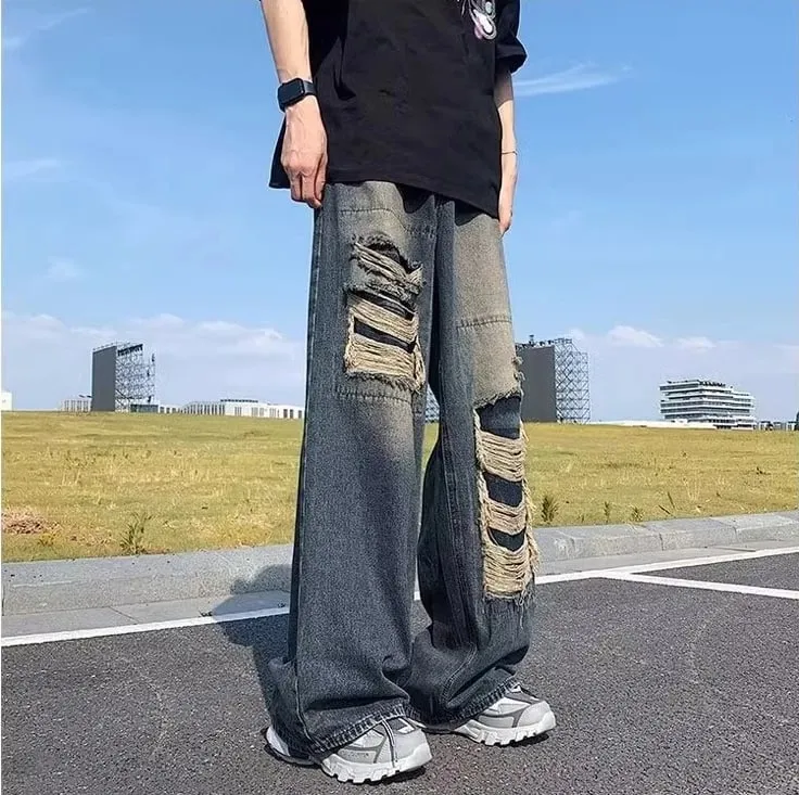 Vaqueros de pierna ancha holgados con lavado vintage oscuro para hombre Detalle rasgado deshilachado de múltiples capas Estilo urbano de Hip Hop Salida informal a la calle para uso diario Pantalones de mezclilla sueltos