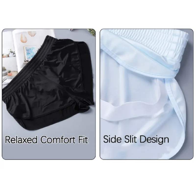 Men Satin Glossy Arrow Pants Split Side Boxer Shorts Sexy Underwear Loungewear Inner Jockstrap Mesh Pouch Sleep Bottoms