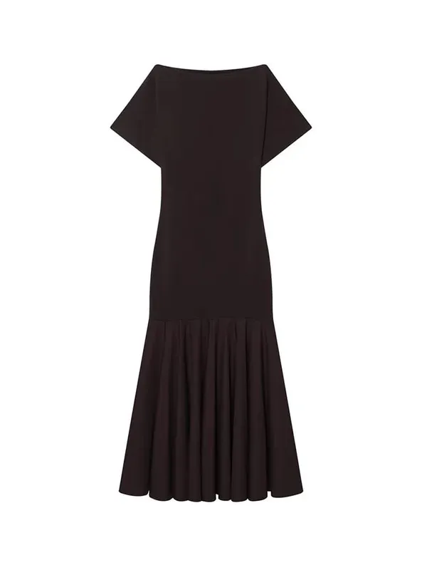 HH 2026 Women Summer Fashion Solid Midi Dress Side Zipper Pleated Woman Ship-type Short Sleeved Stitching Holiday Party Dress