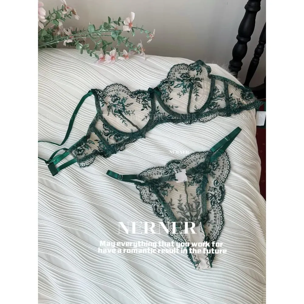 French Style Mesh Embroidery Lace Bra Set With Underwire Slightly Sheer Thin Lingerie Minimizer Bra For Big Bust S-XL