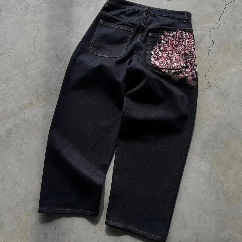 Y2K Baggy Jeans Cherry Blossom výšivka Džínové kalhoty Muži Ženy American Hiphop Streetwear Široká noha džínové kalhoty