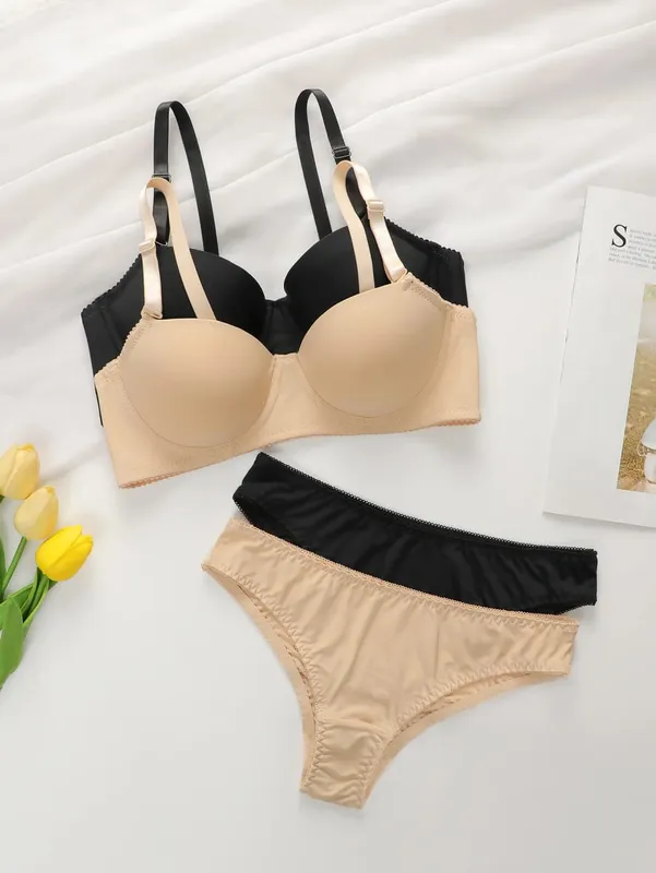 2 szett tömör alsóhuzalos fehérnemű szett Női Push Up melltartó acél gyűrűvel Divat női fehérnemű bugyi mindennapi melltartókészletek J2611