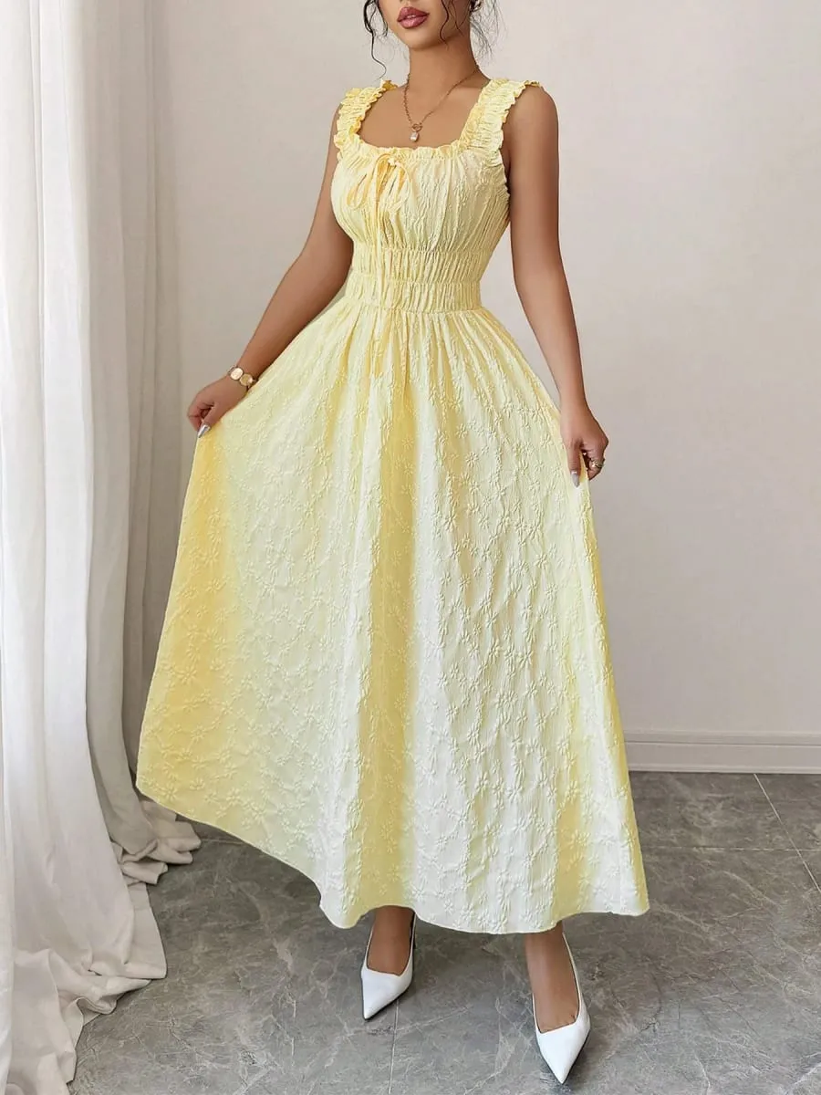Vacation Essential Yellow Smocked Midi Dress Chic Beach Party Date Night Dress