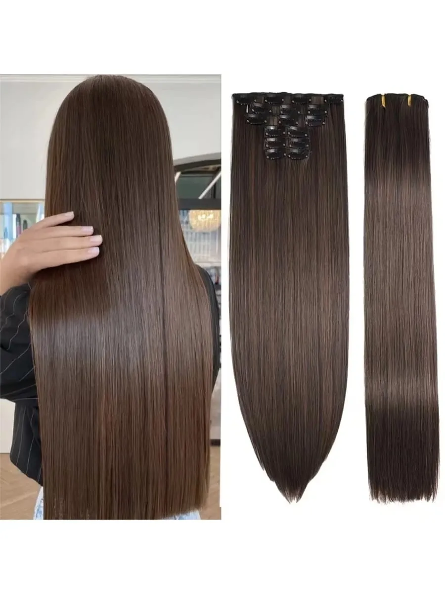24 Inch Long Straight Clip In Hair Extensions 16 Pieces Thick Synthetic Hairpieces Soft Natural Synthetic Fibers