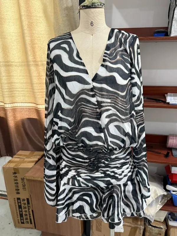 Chic Zebra Print Long Sleeve Women Dresses Sexy Deep V-neck Waist Pleats Loose Fit Dresses 2026 Lady Summer Party Club Vestidos