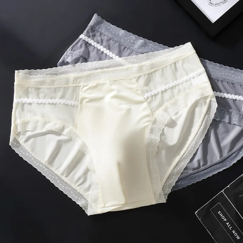 Men's Sexy Lace Thin Seamless Ice Silk Briefs Underwear 3D Bulge Pouch Panties U Convex Sexy Underwear Ice Silk Lace Thin