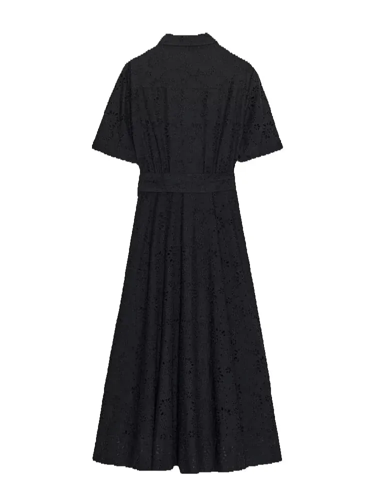 Gaun Midi Kerah Lengan Pendek Elegan untuk Wanita Gaun Panjang Pinggang Kancing Sebaris Solid Chic Wanita Gaun Pesta Malam Liburan Vestidos