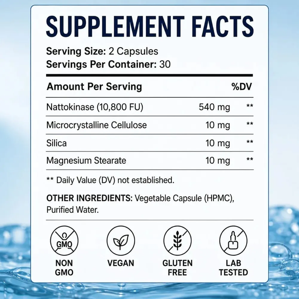 Nattokinase 10800 FU 540mg Fibrinolytic Enzyme Supplement Vegan Non GMO Gluten Free Dietary Supplement 60 Capsules Daily Support