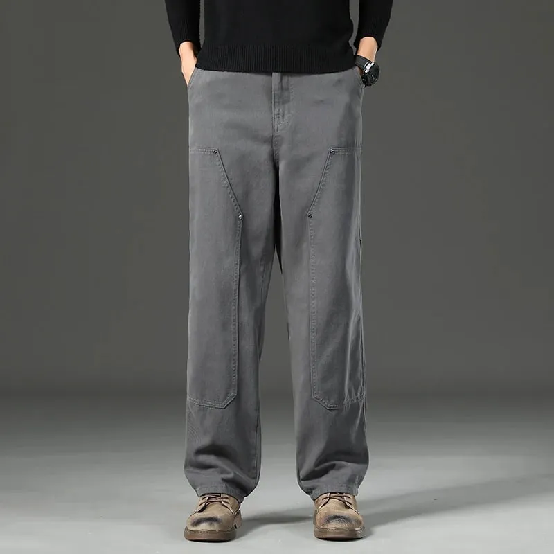 High Quality Spring New Style Straight Loose Men's Casual Pants Rivet Splicing Safari Style Cotton Trousers Army Green Jeans