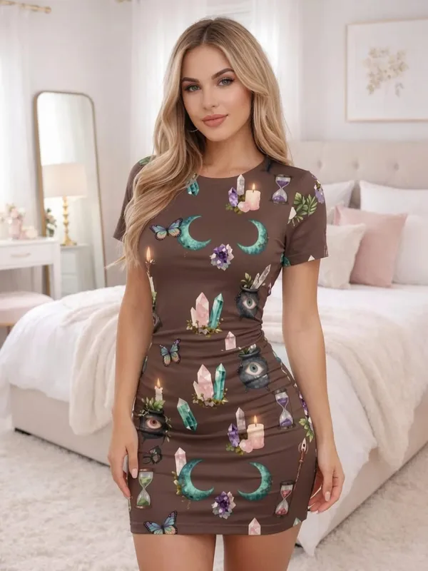 Gaun Mini Bodycon Lengan Pendek Wanita Gaun Sundress Pakaian Klub Liburan Modern Lucu Pesta Musim Panas Kasual Gambar Cetak Bunga Leher Kru Pas Badan